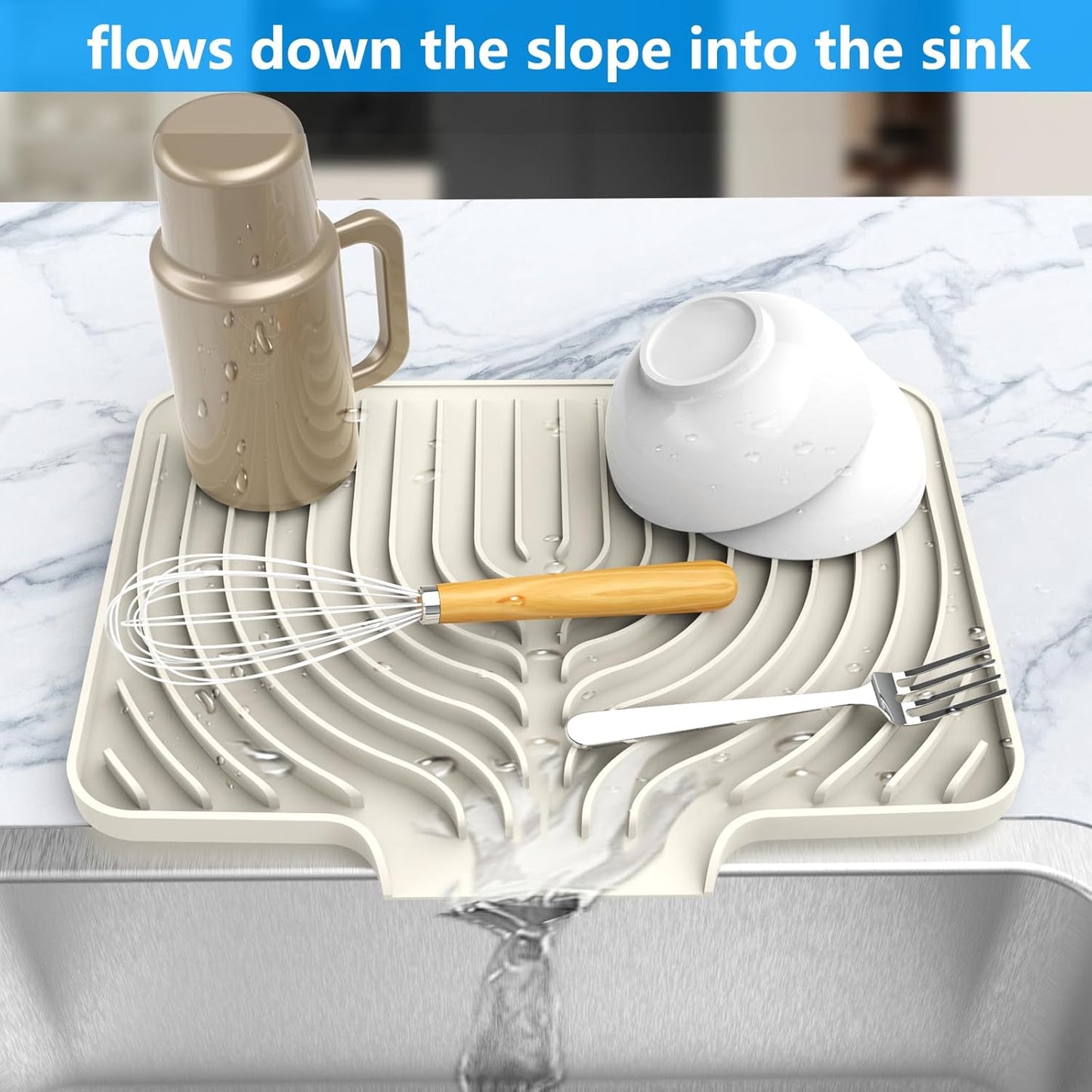 Dish Drying Matt for Kitchen Counter,14.6"×11"Silicone Dry Rack Mat with Built in Drain, Kitchen Dry Mats for Dishes Drying Pad for Counter(14.6"×11"Cream)