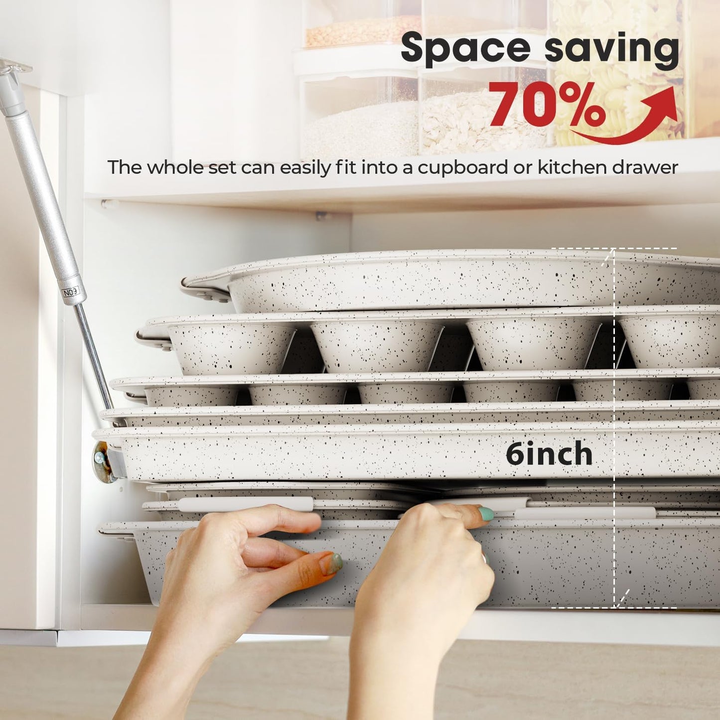 10-Piece Kitchen Nonstick Stackable Bakeware Set, Non Toxic Bakeware Sets with Silicone Handles, Includes Cookie Sheets, Cake Pan, Loaf Pan, Pizza Pan, Muffin Pan, White