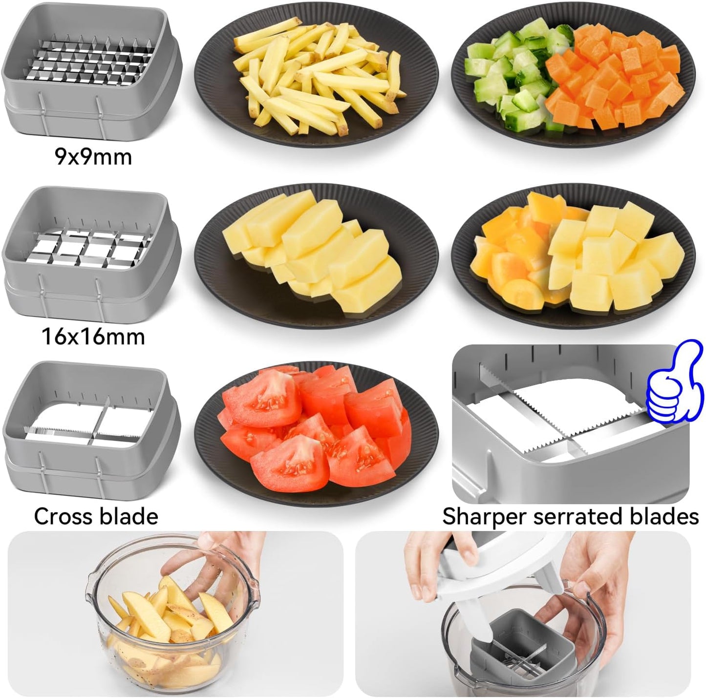Vegetable Chopper Bowel Multi-functional 3 Interchangeable Blades Onion Chopper French Fry Cutter Veggie Dicer for Cucumber, Tomato, Zucchini, Carrot, Citrus