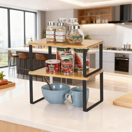 Cabinet Organizer Shelf, Set of 2 Stackable Counter Shelves, Wood and Metal Cabinet Storage Rack, Expandable Kitchen Spice Rack, Multi-Purpose Shelf for Pantry, Bathroom, or Tabletop