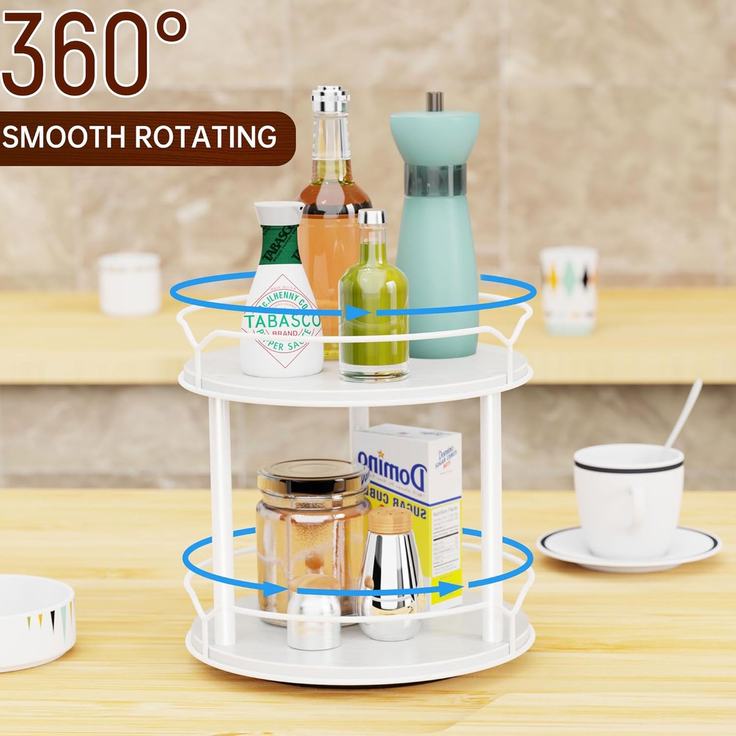Lazy Susan Organizer 2 Tier - 9.2" Turntable Spice Rack for Table Top, Wooden Rotating Lazy Susan for Cabinet Pantry Kitchen Countertop Dining Table Cupboard Bathroom Vanity Storage(White)