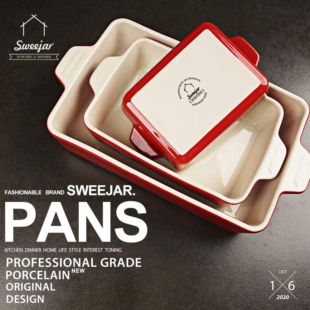 Sweejar Ceramic Bakeware Set, Rectangular Baking Dish for Oven Lasagna Pans for Cooking, Kitchen, Cake Dinner, Banquet and Daily Use, 11.8 x 7.8 x 2.75 Inches of Baking Pans (Red)