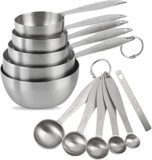 Stainless Steel Measuring Cups and Spoons Set, 18/8 Steel Metric & US 5 Heavy Duty Measuring Cups and 5 Measuring Spoons & Measure Ingredient Leveler for Baking & Kitchen