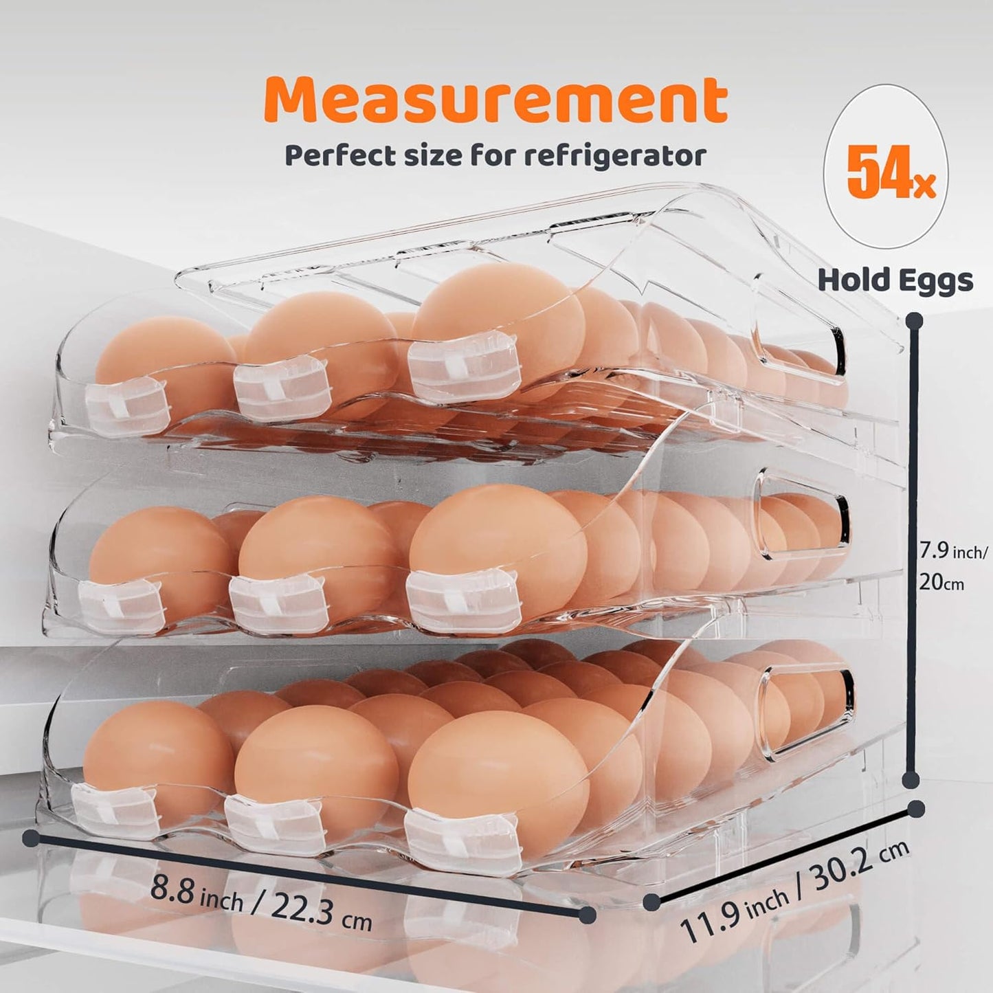 Egg Holder for Fridge, Automatic Steady Rolling Egg Dispenser with Silicone Bumpers & Handle for Refrigerator, Large Capacity Egg Organizer with Lid