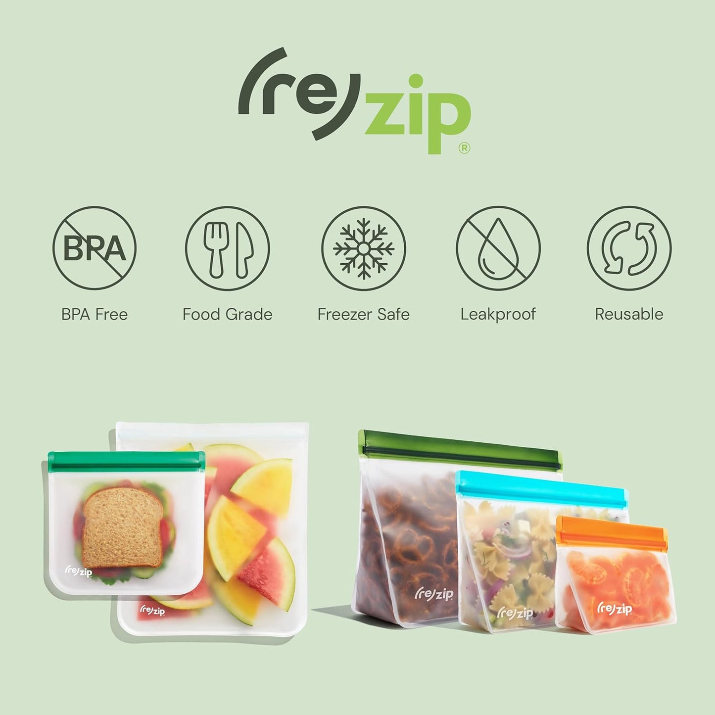 (re) zip 5-Piece Stand-Up Pack n Go Reusable Bag Kit, BPA-Free, Food Grade, Leakproof, Freezer and Dishwasher Safe, Quart (1), 2-Cup (2), Snack (2) - Multicolor