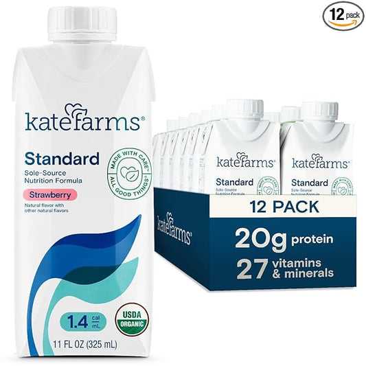 KATE FARMS Organic 1.4 High Calorie Nutrition Shake, Strawberry, 20g Protein, 27 Vitamins and Minerals, Meal Replacement, 11 oz (12 Pack)