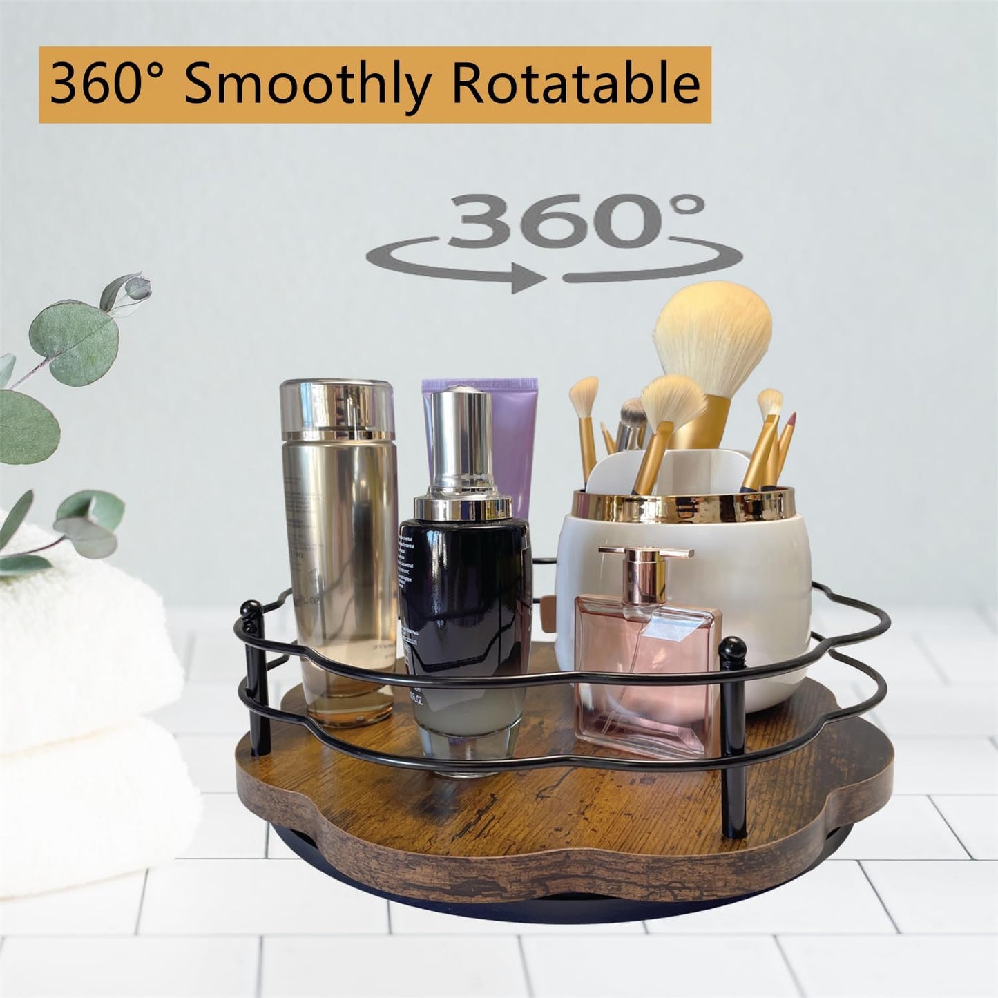 13" Lazy Susan Turntable Organizer with Higher Metal Sides, 360° Rotating Wooden Lazy Susan Organization and Storage for Cabinet,Kitchen,Countertop,Table Top,Dining Table,Coffee Bar Decor