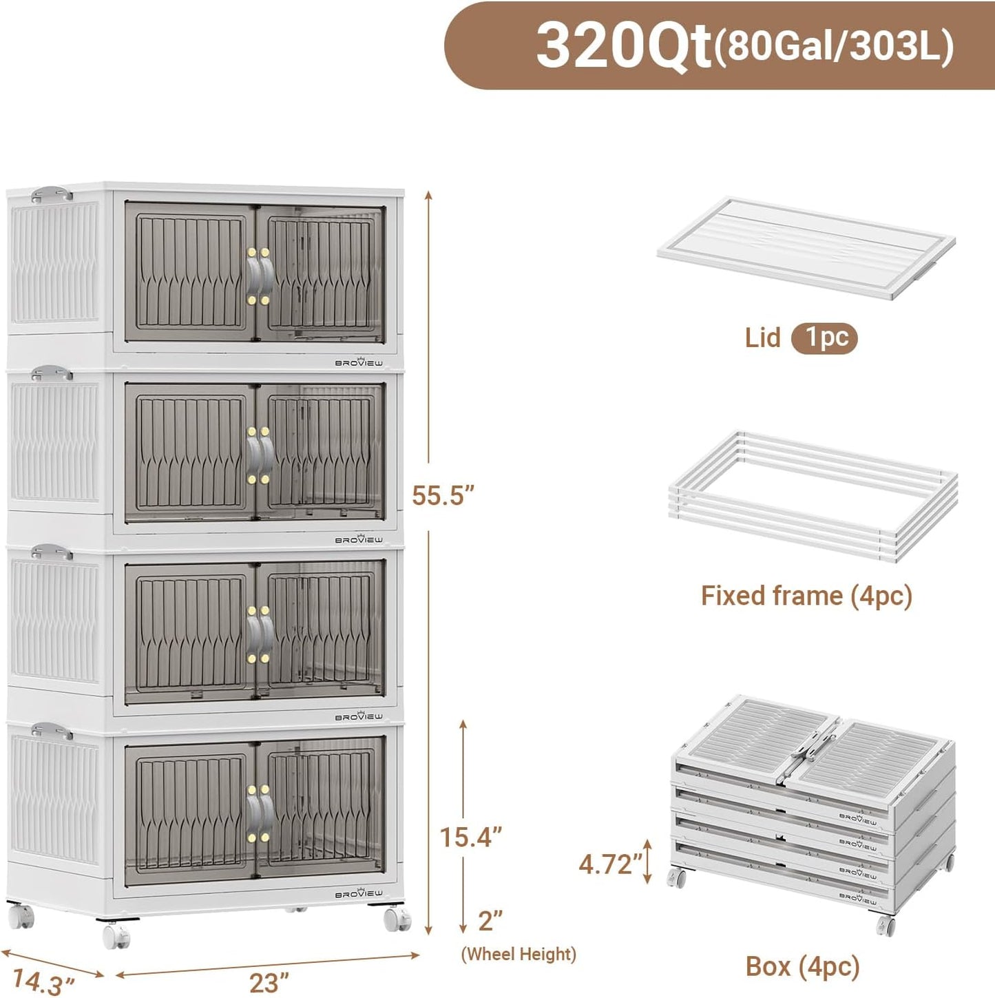 320Qt Stackable Storage Bins with Lid, Extra Large Closet Organizer Collapsible Drawer Boxes with Wheels, Folding Plastic Cabinet Containers for Home Kitchen Room Organization, 4Pack White