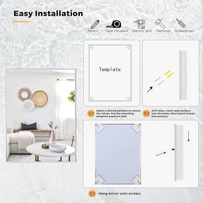 30x40 Inch Nickel Bathroom Mirror for Wall, Aluminum Frame Rectangle Rectangular Vanity Mirror, Modern Large for Bedroom, Living Room, Horizontal or Vertical