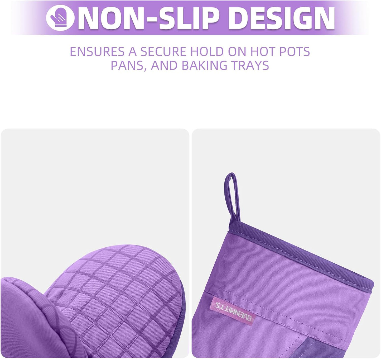 Mini Oven Mitts, Kitchen Oven Gloves Kitchen Mittens 500 Degrees Heat Resistant Baking Gloves, Non-Slip Silicone Surface with Hanging Loops Hot Gloves for Cooking, Baking, BBQ 1 Pair-Purple