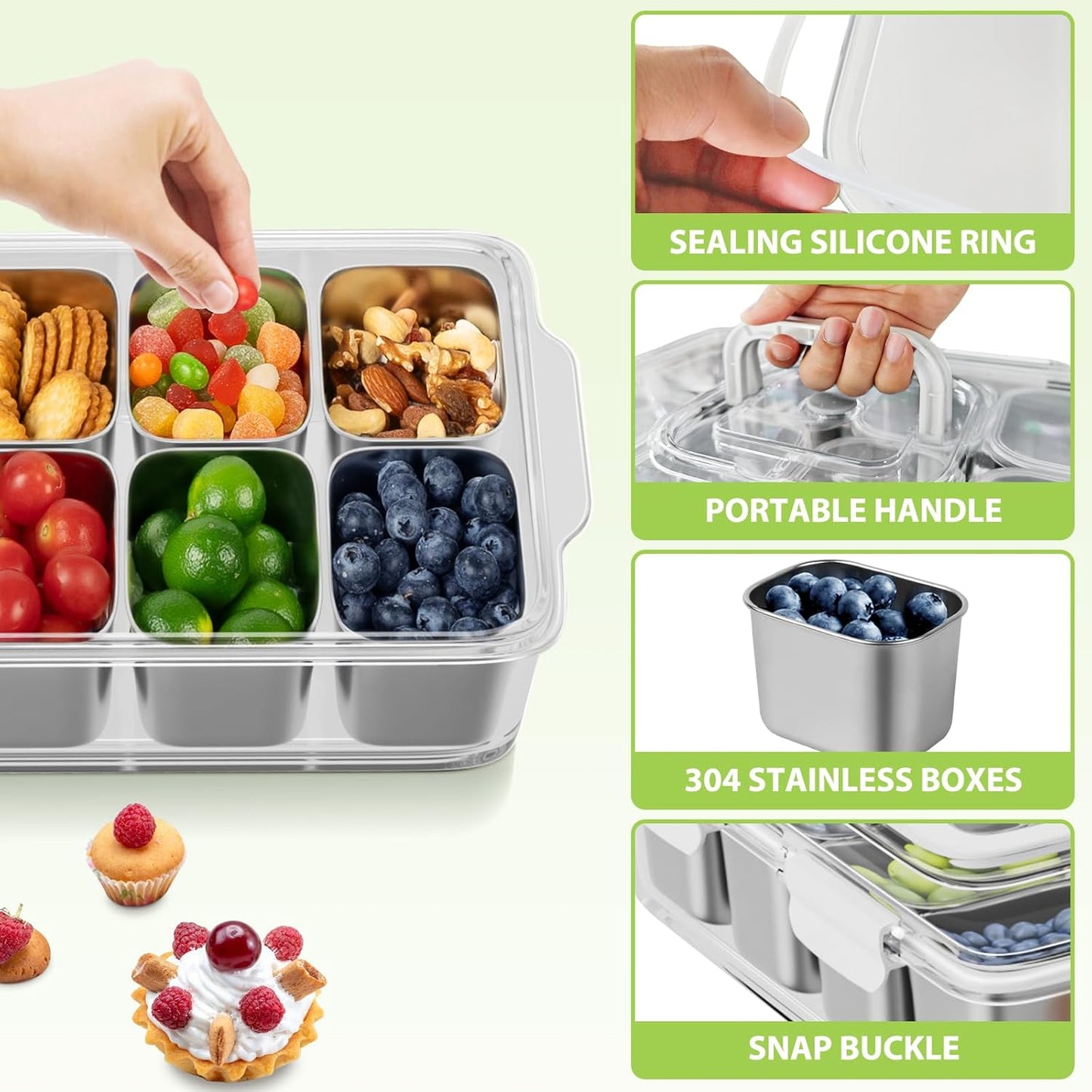 Snackle Box Container, Stainless Steel Divided Serving Tray with Lid and Handle, 8 Compartment Portable Snack Platters - Clear Storage Organizer for Fruit Candy Nuts Veggie - Perfect for Travel Party