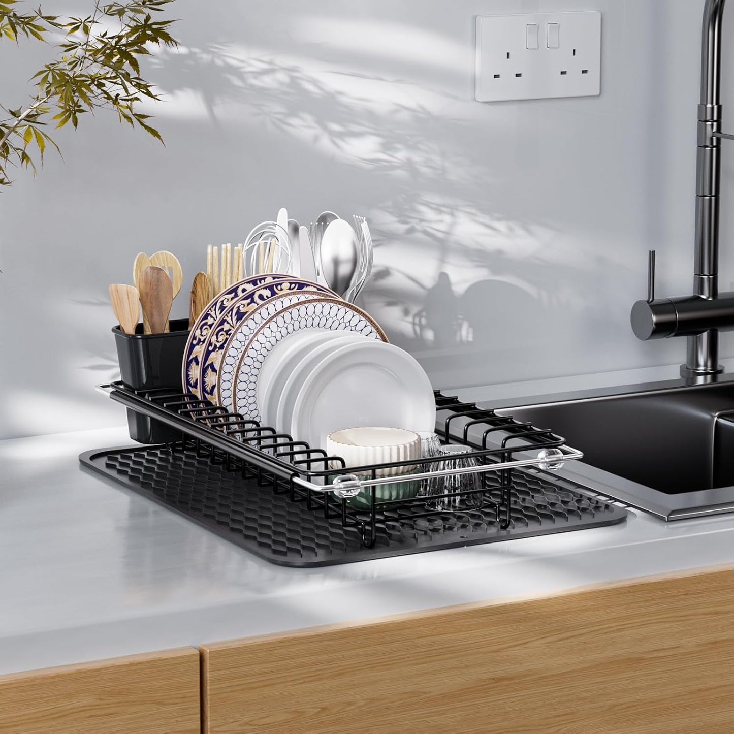 Stainless Steel Expandable Dish Drying Rack with Silicone Drying Mat and Removable Cutlery Holder for 14''-19'' Kitchen Sink