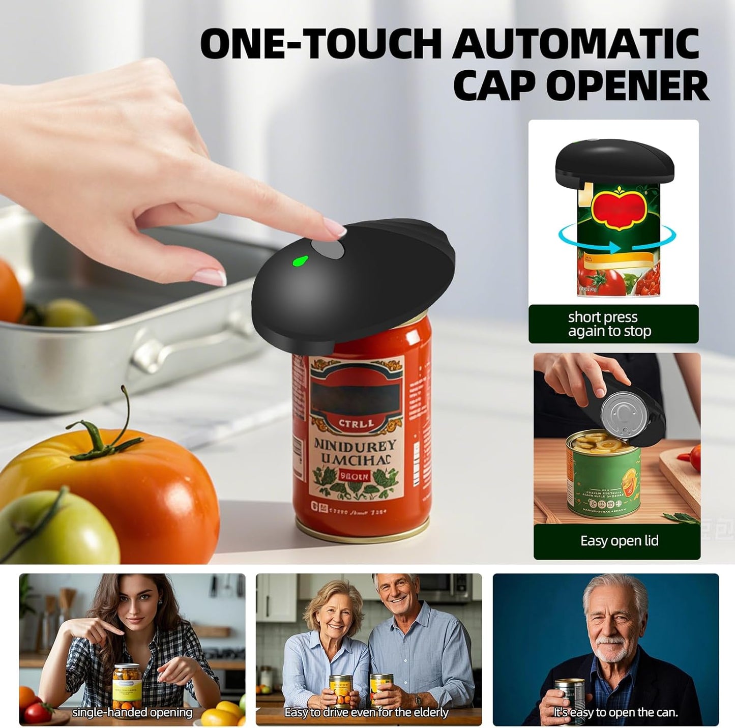 Rechargeable Auto Electric Can OpenerTouch Side Cut Opener Open Your Cans with A Simple Press of Button - Automatic,Smooth Edge,Food-Safe,for Kitchen for Seniors with Arthritis Small Size (Black)