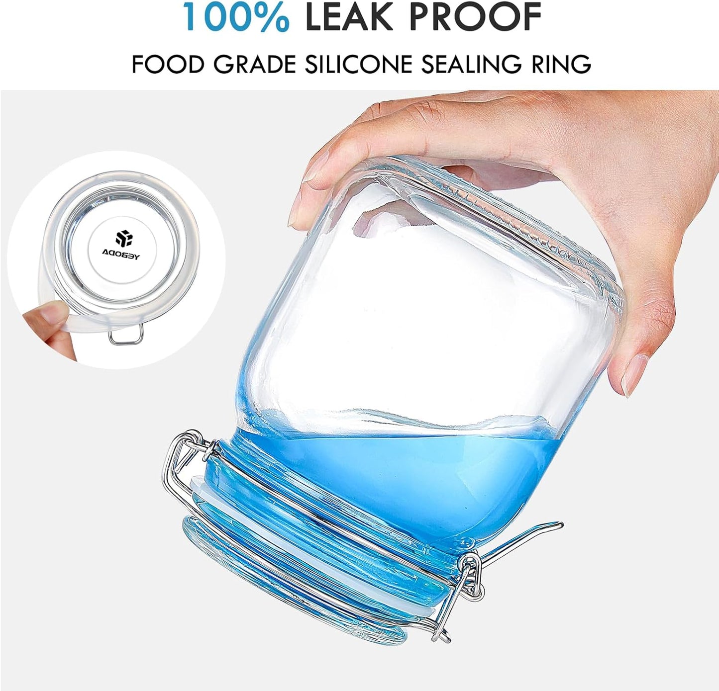 YEBODA 32oz Food Storage Canister Glass Jars with Clamp Airtight Lids and Silicone Gaskets for Multi-Purpose Kitchen Containers - Clear Square (3 Pack)