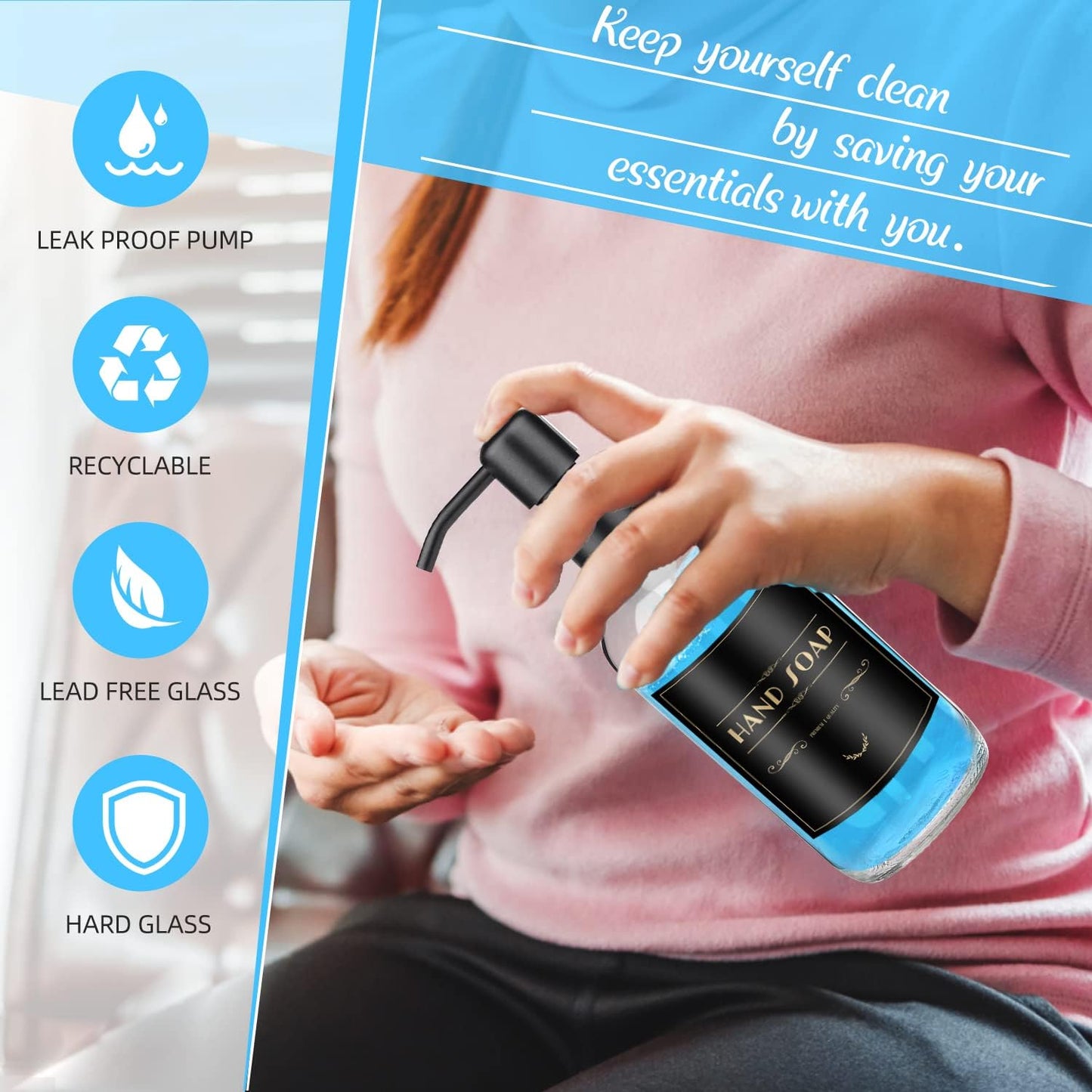 ARKTEK 2 Pack Refillable Glass Soap Dispenser - Rust Proof Stainless Steel Pump, 17 Oz/ 500 ML, Black