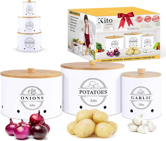 Canister Sets for Kitchen Counter with Wooden Bamboo Lids, Kitchen Canisters for Countertop, Stackable Steel Farmhouse Canisters for Potato Storage, Onion and Potato Storage Bins - White