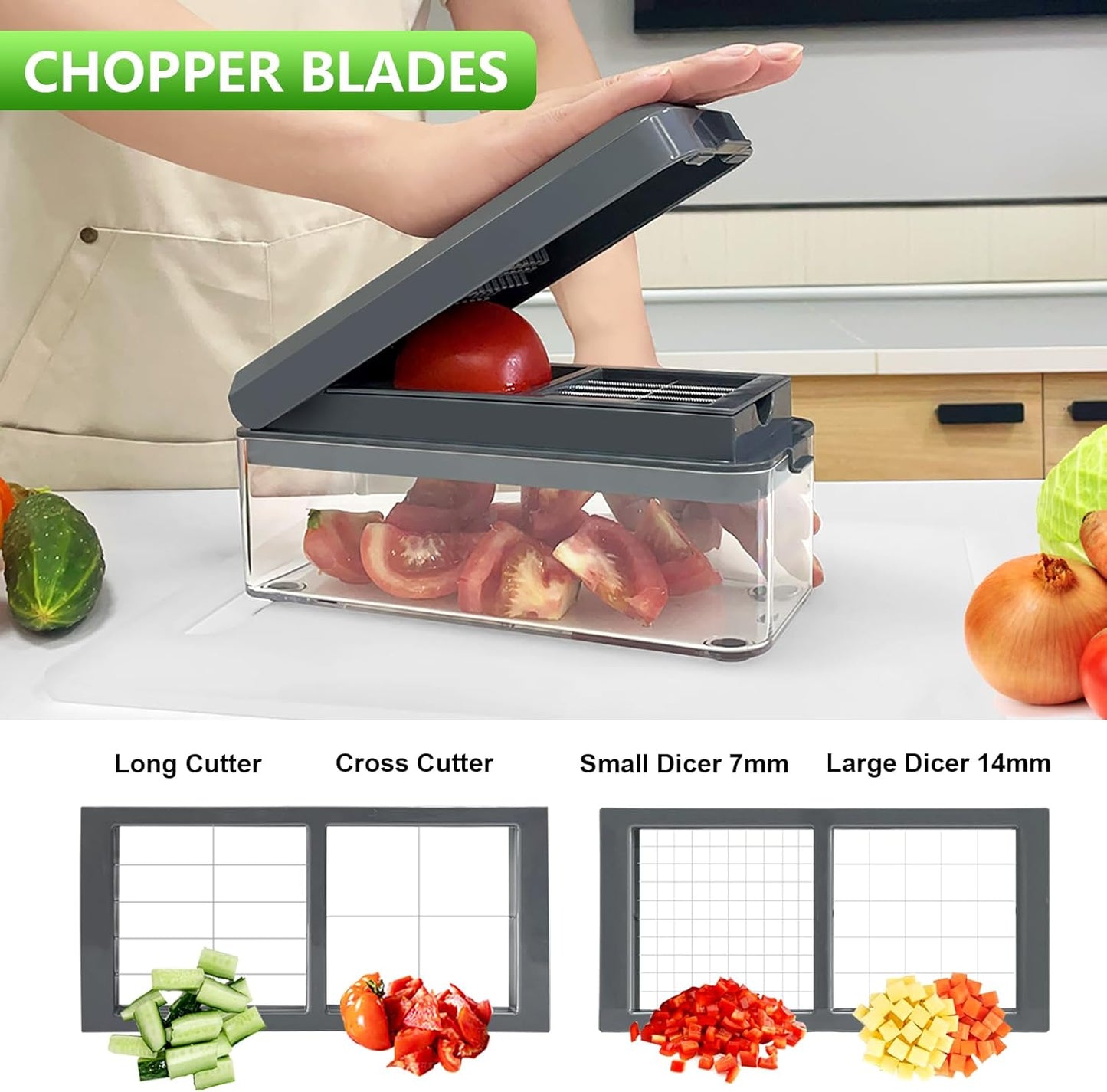 Vegetable Chopper, Onion Chopper Dicer, Mandoline Slicer, Food Chopper with Container, Vegetable Cutter for Salad Potato Carrot Garlic（9 Blades, Grey）