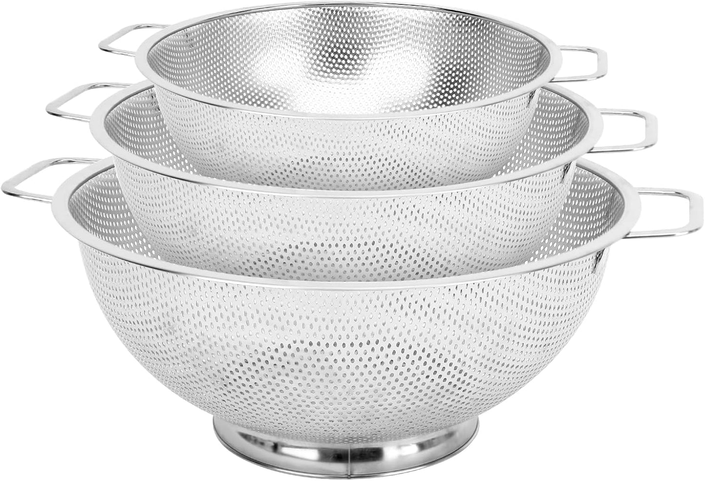 3PCS Colander for Kitchen, 3QT & 4QT & 5QT, Stainless Steel Colander Strainer with Handle for Fruits Vegetables Cooking Food, Dishwasher Safe