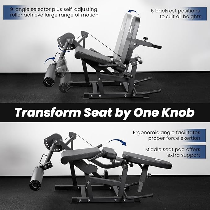 LIONSCOOL Leg Extension and Curl Machine V4.0, 1100lbs Capacity Adjustable Seated Leg Extension, Lying Leg Curl Bench, Cable Operated 2” Plate Loadable Lower Body Exercise Equipment for Home Gym
