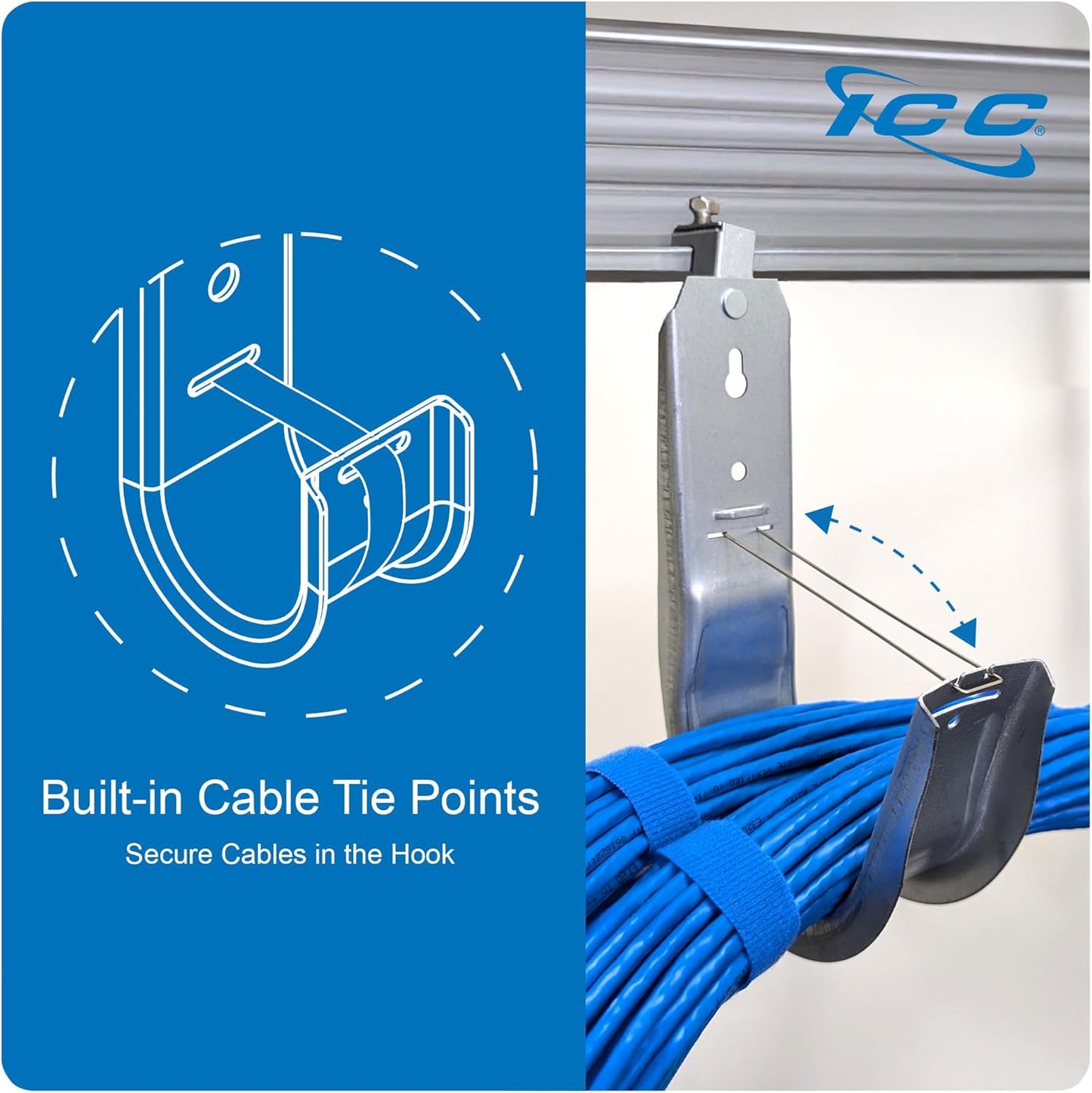 ICC Beam Clamp J Hook 1 5/16” Without Retainer Clip - Galvanized Steel Cable Management Hooks for Hanging Cable to Beams - Rust-Resistant, EIA and TIA Compliant - 1 5/16 Inch 25 Pack