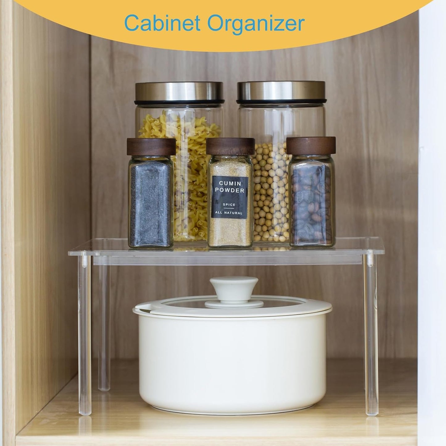 1 Pack Acrylic Cabinet Organizer, Kitchen Countertop Counter Organizer, Clear Spice Rack, Shelf Risers Cabinets for Bathroom, Desk, Dresser Cupboard Organizers and Storage