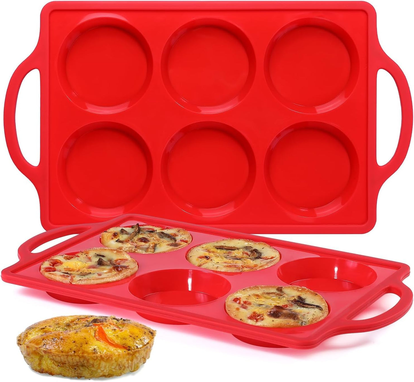 Silicone Egg Molds, 3 Inch Muffin Top Pans Non Stick with Metal Framed, Baking Pan for Breakfast Sandwiches, English Muffins, Whoopie Pies, Corn Bread, Egg Bites, Hamburger Bun, Tarts 2 Pack Red