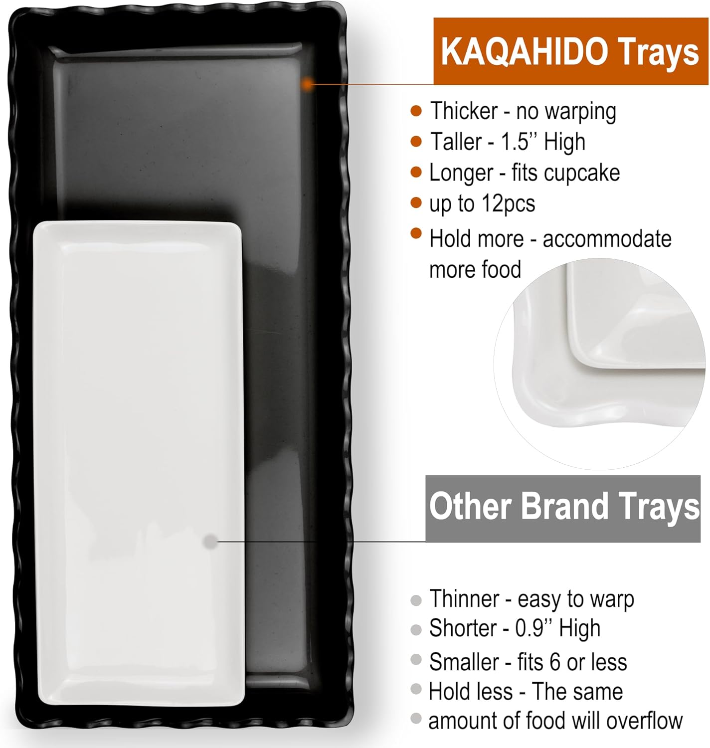 KAQAHIDO 17" x 8" x 1.5" Black Serving Tray Set, Wave Edge Melamine Platters for Cookie, Appetizer, Charcuterie, Snack, Dessert, Party Food Display, Stackable, Set of 2