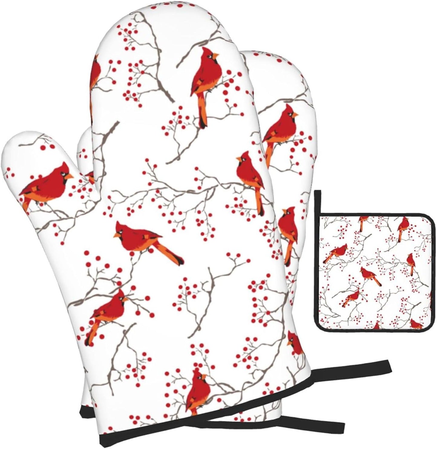 Cardinal Bird Red Berry Decor Oven Mitts and Pot Holders Sets of 3 Heat Resistant Non Slip BBQ Gloves for Cooking Grilling Baking Holiday Kitchen Decor