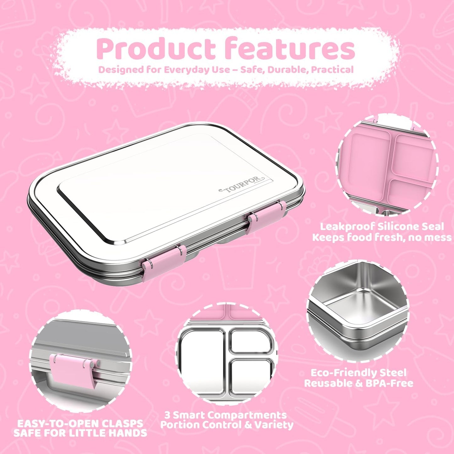 Stainless Steel Lunch Box 1000ml - 3 Compartment Bento Box for Kids & Adults, Leakproof Food Container, BPA-Free Metal Lunch Box with Silicone Seal, Eco-Friendly/Dishwasher Safe (Pink)