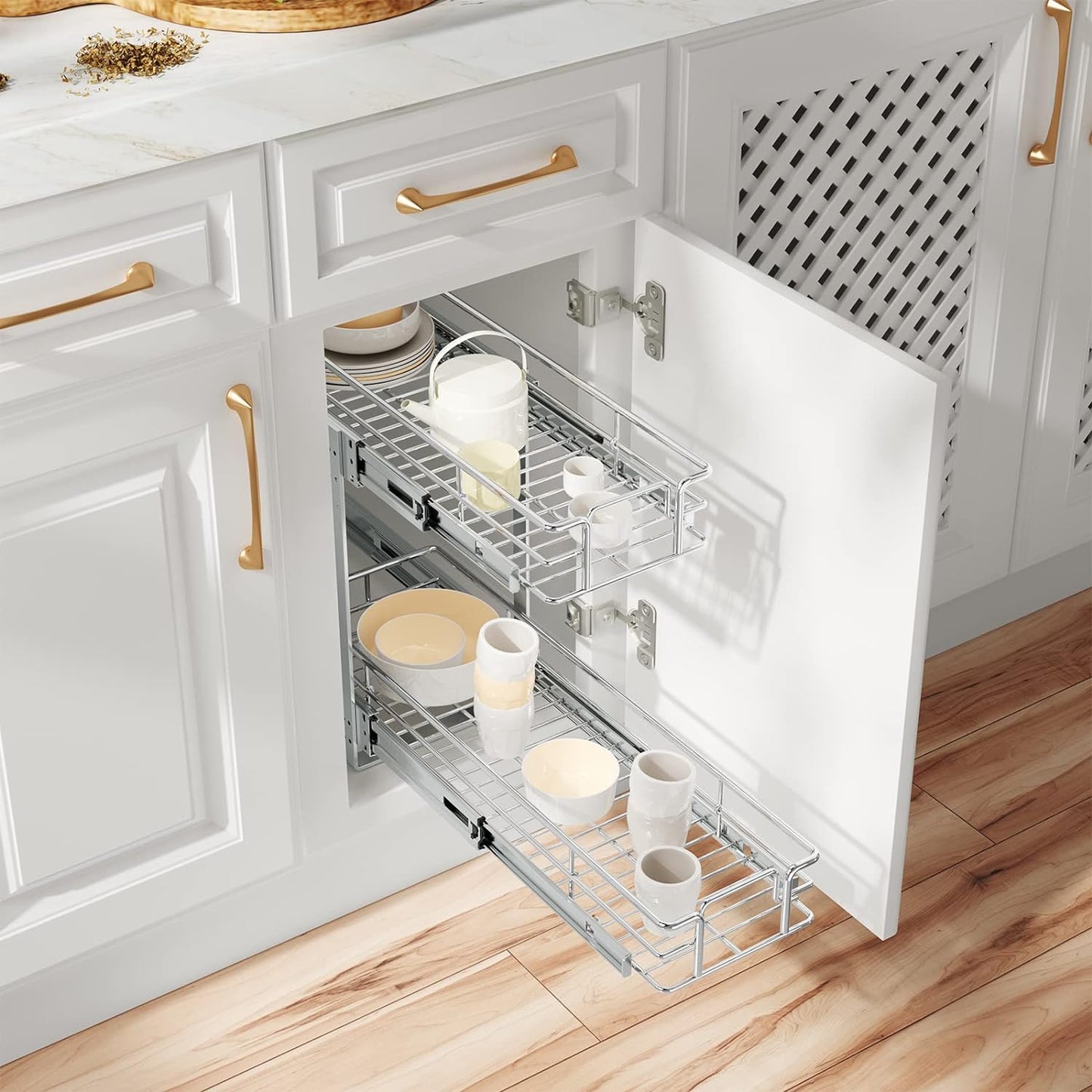 ROOMTEC Individual Pull Out Cabinet Organizer (9" W x 21½" D), 2 Tier Spice Rack Organizer for Cabinet, Slide Out Drawer Pantry Shelf Organization and Storage for Kitchen Bathroom