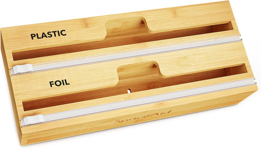 SpaceAid WrapNeat 2 in 1 Wrap Organizer with Cutter and Labels, Plastic Wrap, Aluminum Foil and Wax Bamboo Dispenser for Kitchen Storage Organization Holder for 12" Roll (Natural, 2-Slot)