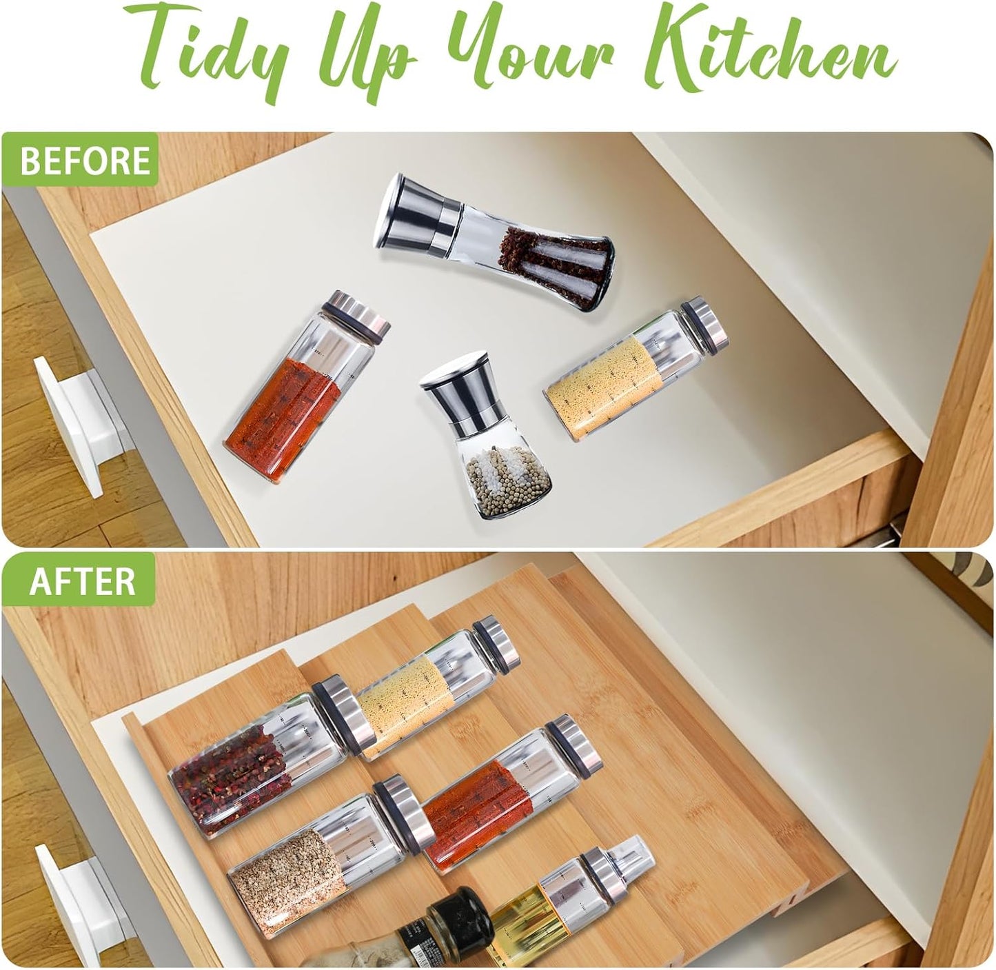 Bamboo Spice Drawer Organizer for Insert Shallow Drawer, 8 Tier Stackable Spice Rack Organizer for Cabinet(4.8" D x 13" W x 1.65" H) Seasoning Storage Organization for Kitchen Pantry Drawer