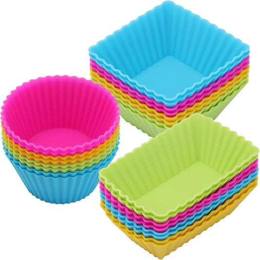 24Pack Silicone Muffin Cups, Reusable Cupcake Liners Molds for Baking, 3 Shapes Lunch Box Bento Dividers-Round, Square, and Rectangular (Colorsful, Regular Size)