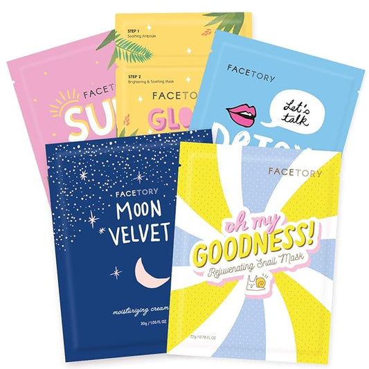 FACETORY K Beauty Face Mask Skin Care - CLASSIC 5 COLLECTION Sheet Mask Set | Natural Premium Korean Face Mask For All Skin Types - No Sulfates No Parabens (5 pc)