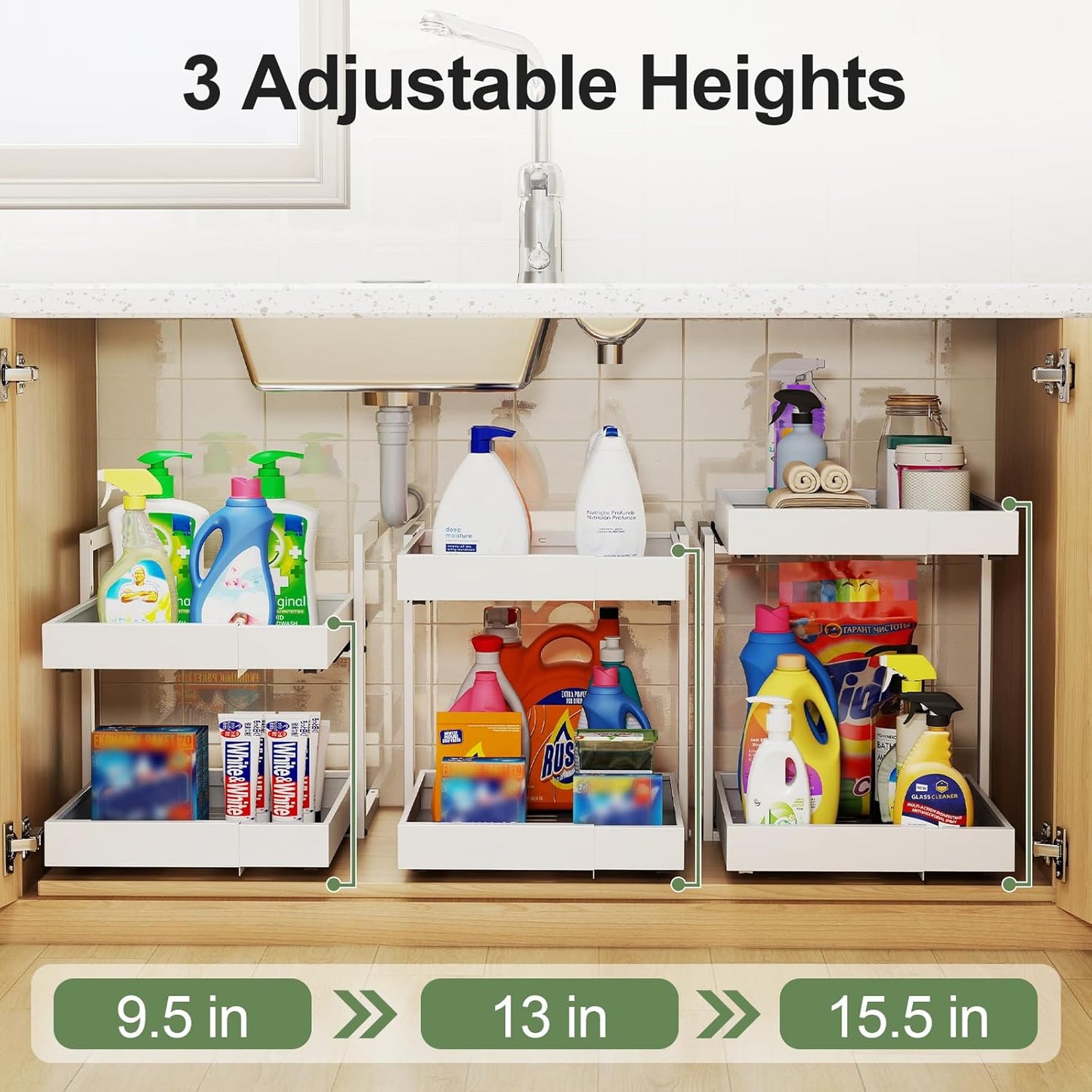 2 Tier Pull Out Cabinet Organizer ,Adjustable Width & Height,Expandable Pull-Out Drawers For Cabinets, Slide Out Shelves for Kitchen Cabinets / Countertop / Pantry,Heavy-Duty & Easy to Install(White)