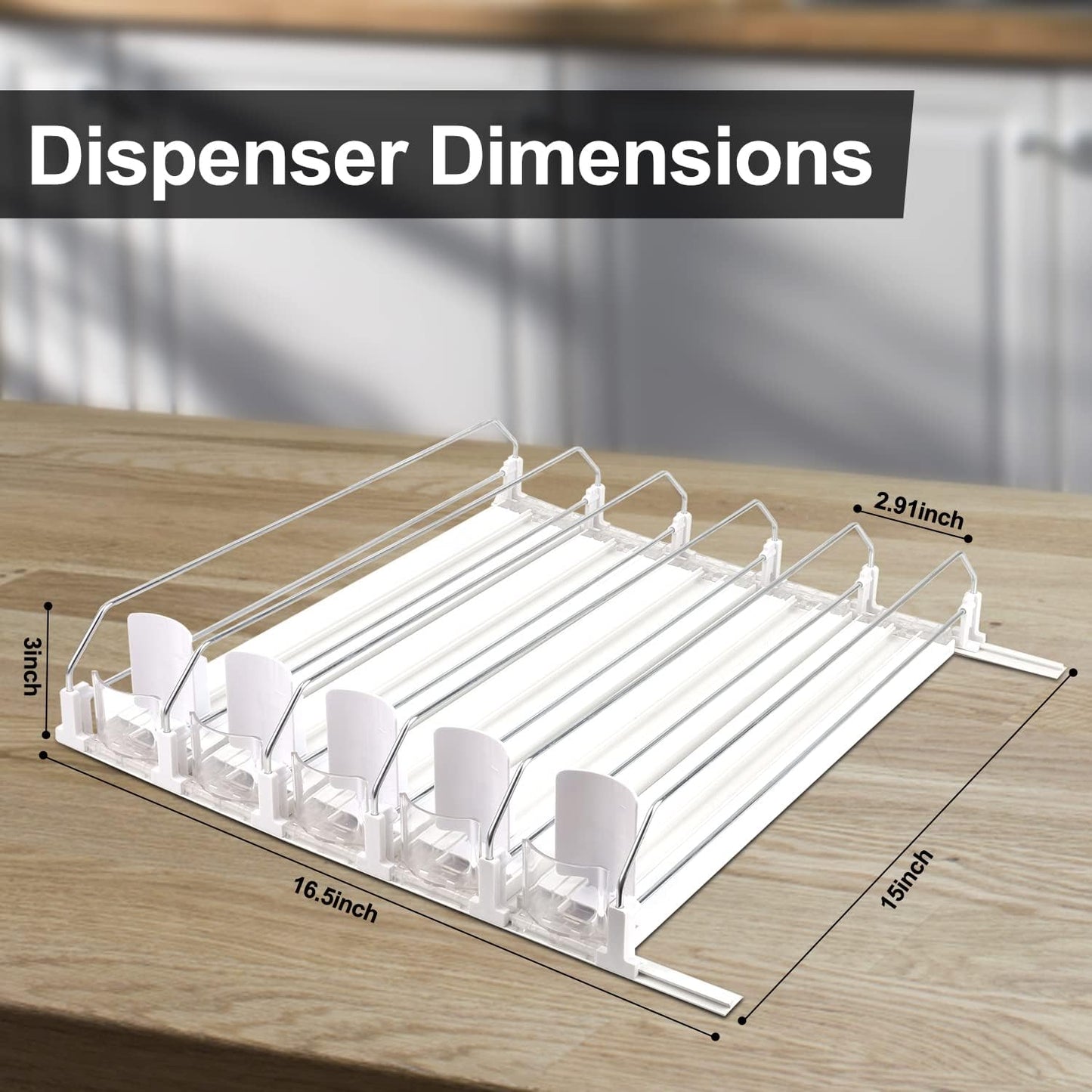 Drink Dispenser for Fridge, Soda Can Organizer for Refrigerator, Adjustable Width Beverage Self-Pushing Glide Rack, Up to 25 Cans Storage for Fridge Pantry (White, 15 Inch, 5 Rows)