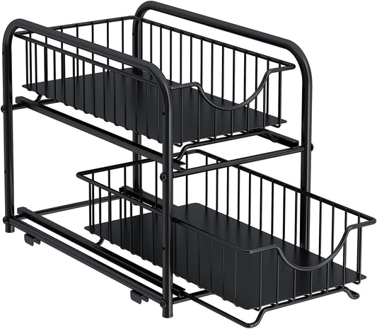 AIYAKA Pull-out Cabinet Organizer, Stackable 2-tier Under Sink Rack, with Sliding Storage Drawer for Pantry, and Desktop, for Bathroom, Kitchen, Office, Black