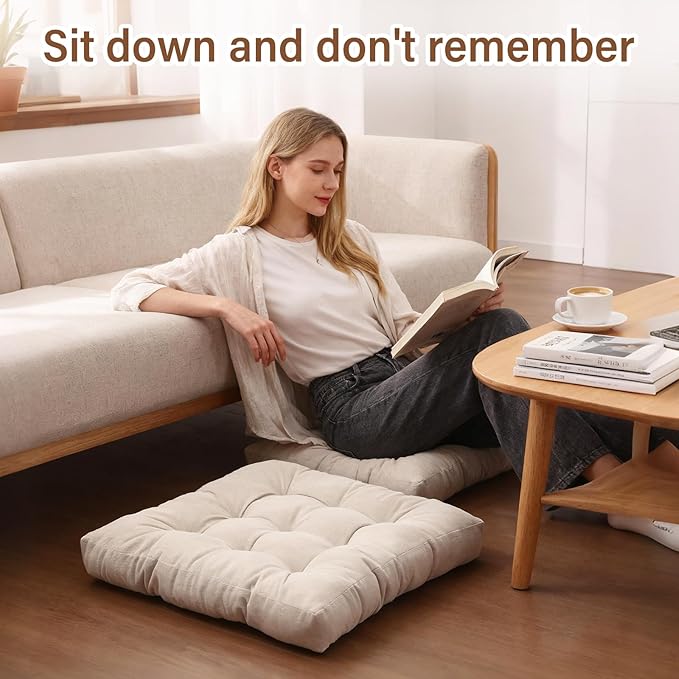 Tiita Square Outdoor Cushions Floor Pillow Thicken Tufted Seat Cushion for Adult Seating on Floor Yoga Meditation Living Room Balcony Office Indoor (Beige, 22 Inch (Pack of 1))