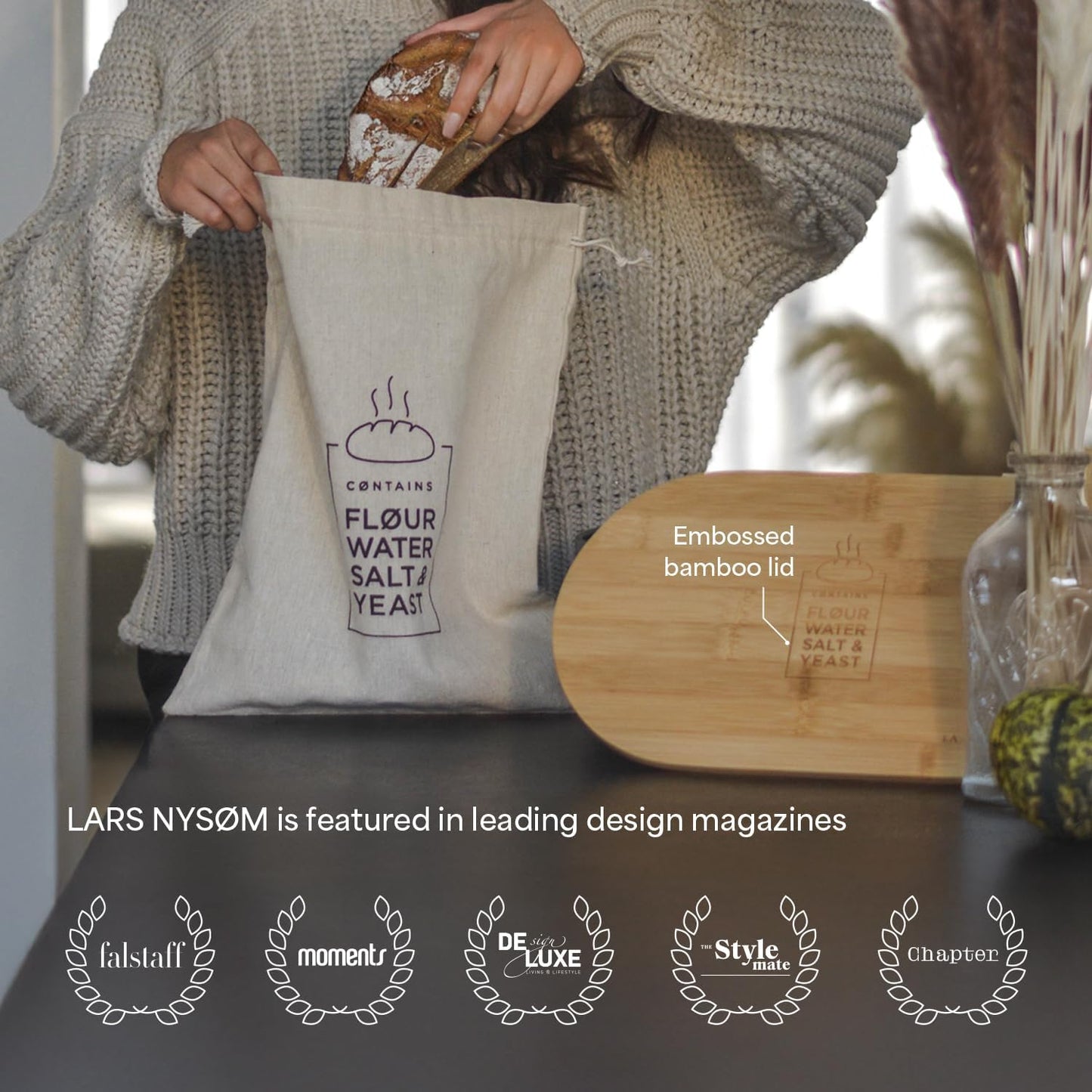 LARS NYSØM Bread Box I Metal Box with linen bag for long lasting freshness I Bread Bin with bamboo lid usable as cutting board I 14.2x7.5x5.1 In (Sage Green)