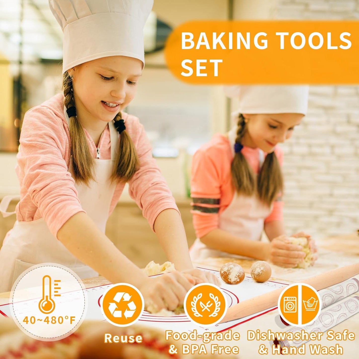Silicone Baking Mat Sets, Dough Mat with Macaron Baking Mat Pastry Cutter Rolling Pin,Food Safe Pastry Mat, Reusable Cookie Sheets Liner