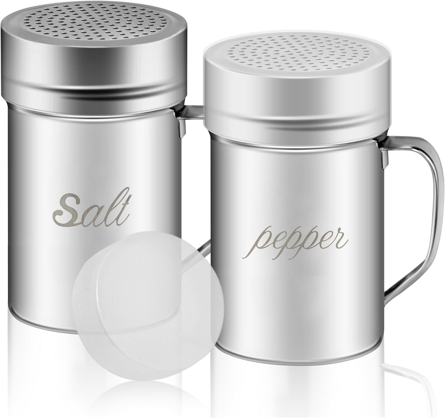 Stainless Steel Salt and Pepper Shakers Set, 14 OZ Seasoning Spice Shaker with Lid and Handle 127 Holes, Metal Dredge Shaker for Powder Sugar Cooking Kitchen Baking (2 Pieces)