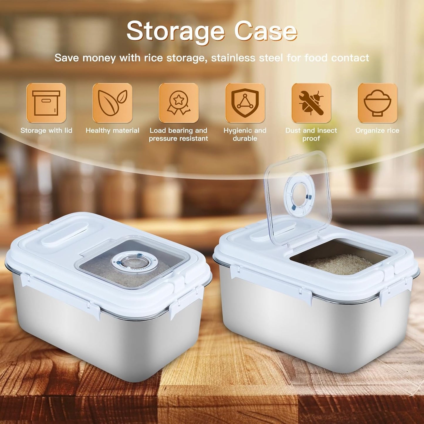 Saim Rice Storage Container Bin, 20lb Stainless Steel Food Storage Containers with Silicone Lid, Measuring Cup, Spoon, Rice Dispenser for Flour, Sugar,and Baking Supplies