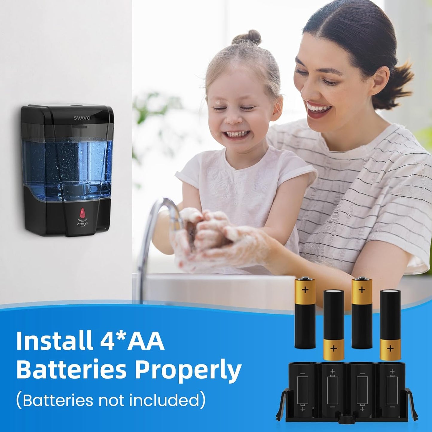 SVAVO Automatic Soap Dispenser Hand Soap Dispenser Wall Mount 600m/21 fl.oz, Touchless Electric Sensor Pump Battery Operated for Offices Home Kitchen Bathroom Hotel Restaurant Commercial