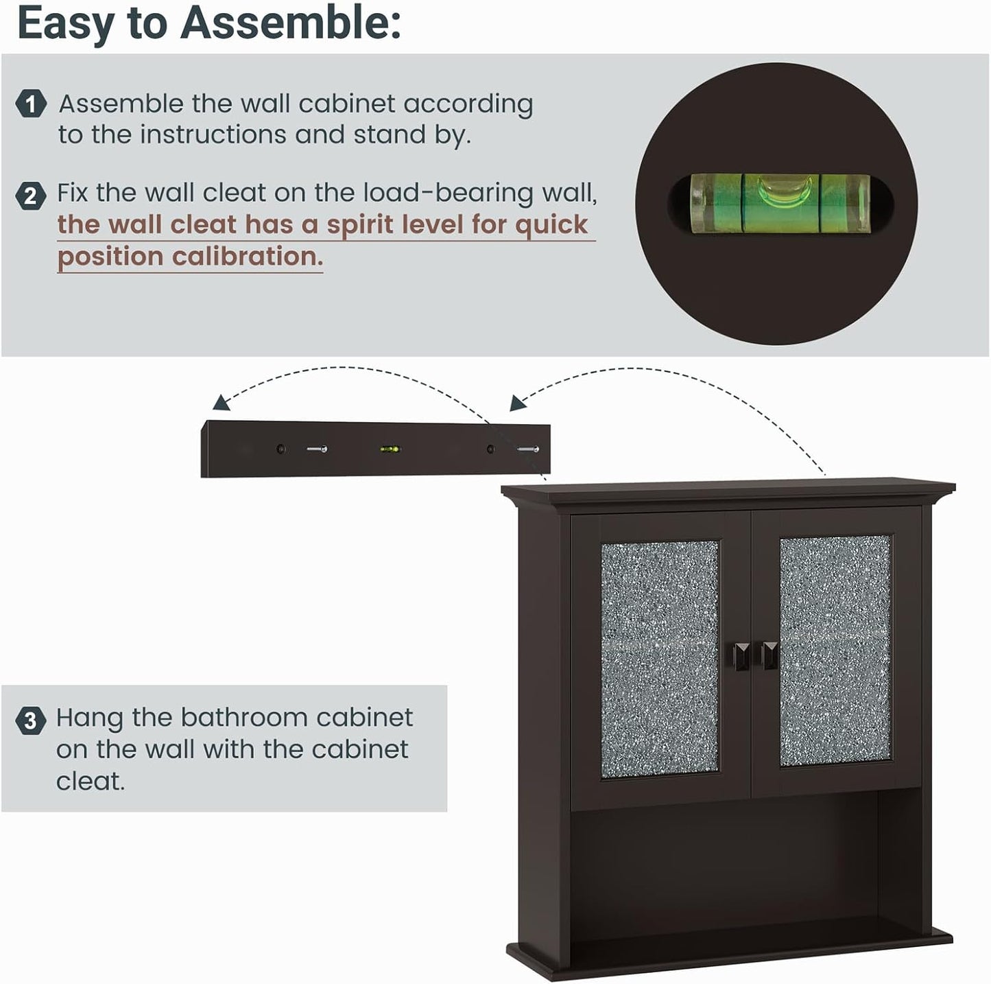 Bathroom Cabinet Wall Mount, Medicine Cabinet Over Toilet Storage Cabinet with Glass Door Build-in Spirit Level Cupboard Hanging Storage for Bathroom Laundry Kitchen Living Room (Espresso)