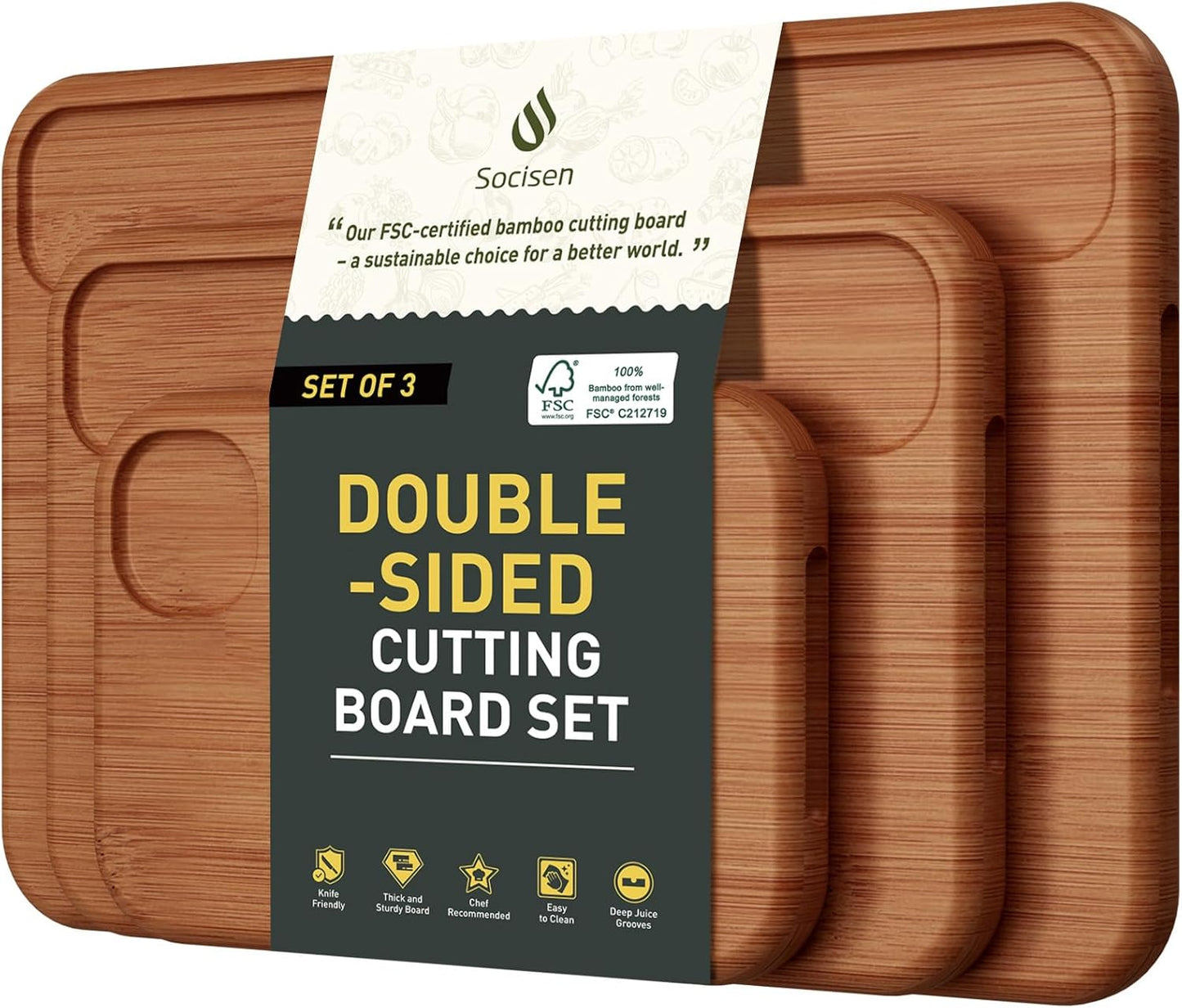 3 Packs Bamboo Cutting Board Set Non Toxic Wood Cutting Boards for Kitchen Nice Solid Thick Wood Juice Groove Chopping Board Extra Large Big Small Best Charcuterie Board for Organic Vegetable Meat