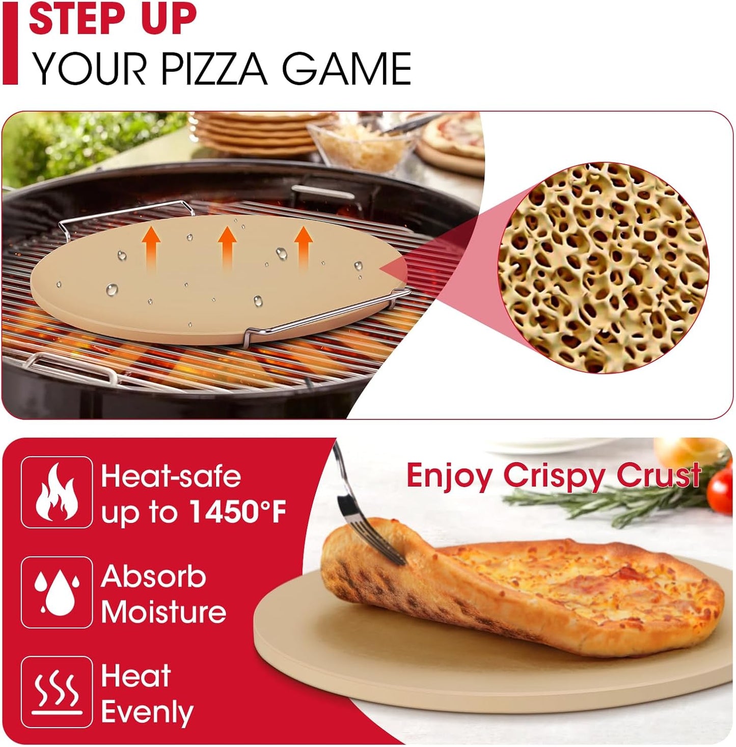 Unicook Round Pizza Stone for Oven and Grill 16 Inch, Oven Baking Stone for Bread, Cordierite Pizza Pan for Baking Crispy Bread and Cookies, Includes Carry Rack and Dough Scraper