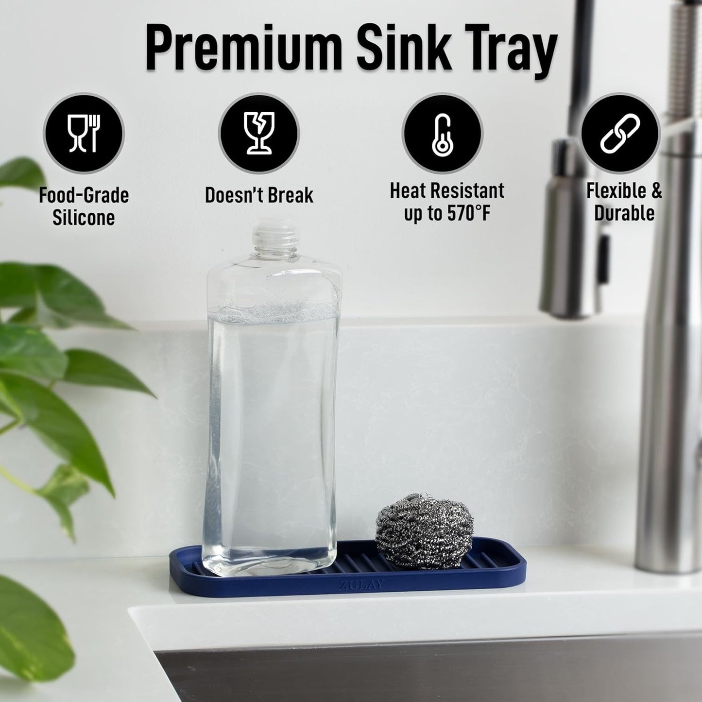 Zulay Kitchen (9x3.5) Silicone Sponge Holder for Kitchen Sink - Flexible Multipurpose Soap Tray - Sink Organizer for Kitchen, Bathroom, Makeup, Trinkets & More (Dark Blue)