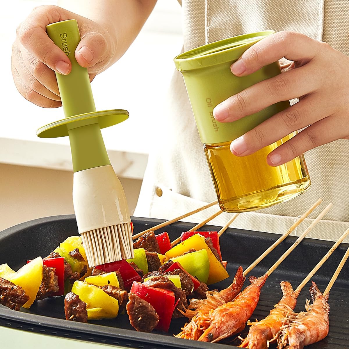 Glass Oil Dispenser with Heat Resistant Brush,Oil Dispenser Bottle with Silicone Pastry Brush for Kitchen,Cooking Vinegar and Sauce BBQ Grill Frying (Oil Dispenser-Green&Yellow)