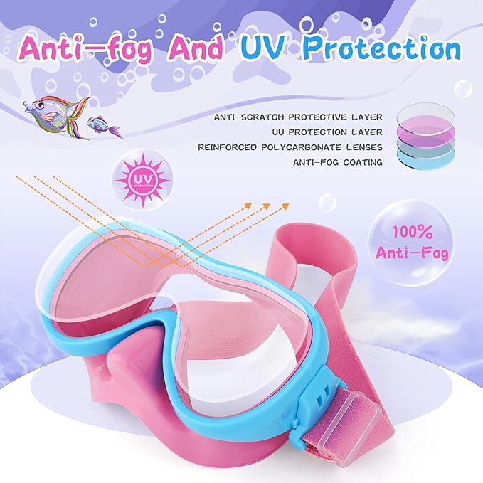 Kids Swim Goggles 180° Snorkel Diving Mask with Nose Cover, Anti-Fog Kids Swimming Goggles with Elastic Fabric Strap for Kids Boys Girls