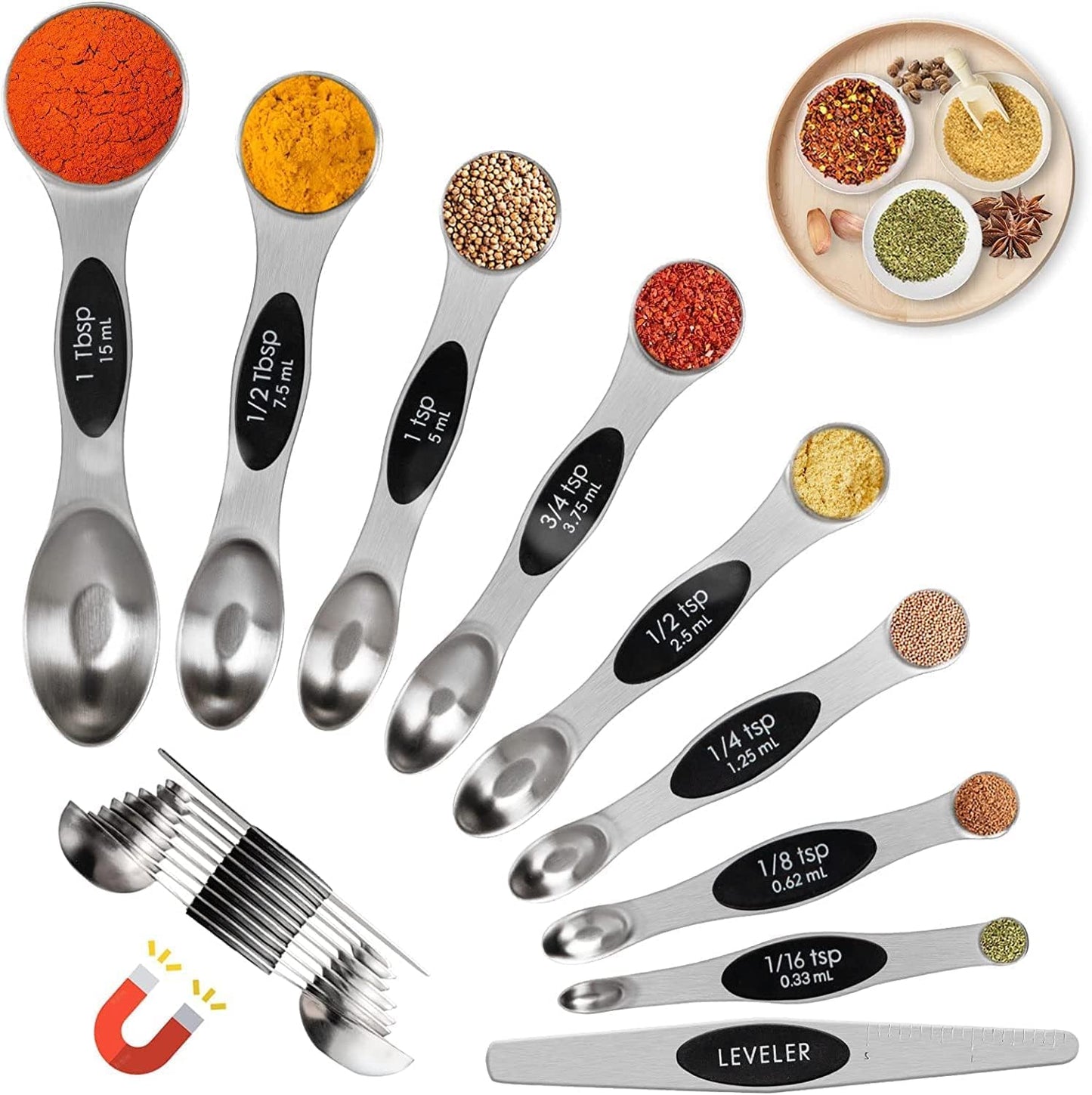 19 Pieces Measuring Cups and Spoons set, Includes 10 Stackable Measuring Cup with Lid and 9 Magnetic Measuring Spoons, Tablespoon for Liquid and Dry, BPA Free, Dishwasher Safe (Black)